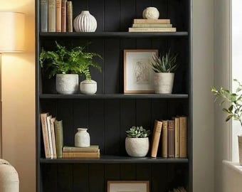 Large Tall Black Bookcase - Modern Farmhouse Display Cabinet - Dark Bookshelf - Rustic Country Shelving Unit - Hand Painted Furniture