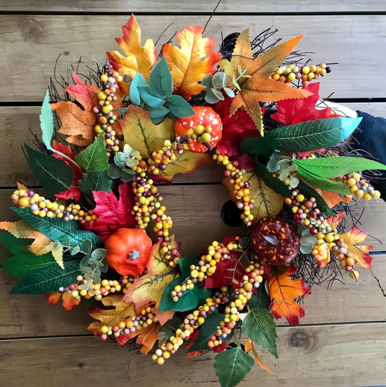 Fall, Autumn, artificil wreath decoration, rattan, wall or door hung, berry, pumpkin maple leaf design, large garland ornament, thanksgiving image 5