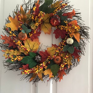 Fall, Autumn, artificil wreath decoration, rattan, wall or door hung, berry, pumpkin maple leaf design, large garland ornament, thanksgiving image 6