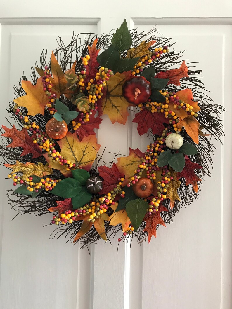 Fall, Autumn, artificil wreath decoration, rattan, wall or door hung, berry, pumpkin maple leaf design, large garland ornament, thanksgiving image 6