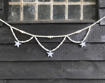 Bead swag garland-Natural & grey, star bunting, wall decor, man cave, she shed, blue, grey, white hand painted, can be customised