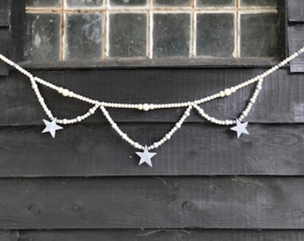 Bead swag garland-Natural & grey, star bunting, wall decor, man cave, she shed, blue, grey, white hand painted, can be customised