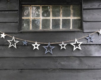 Wooden star bunting Outline stars, 2 meters long, wall decor, man cave, she shed, blue, grey, white hand painted, can be customised