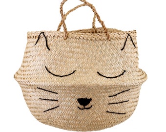 Seagrass basket, cat design, animal, kids, nursery, storage, blankets, toys, washing, laundry, can be personalised with name / slogan