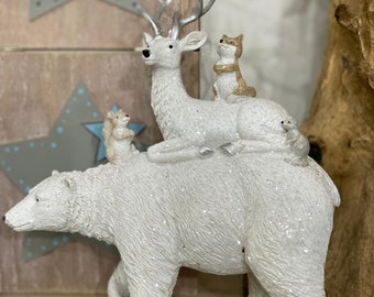Wildlife Christmas Decoration, Deer, Bear, fox, squirrel, stacked animals, glitter, white