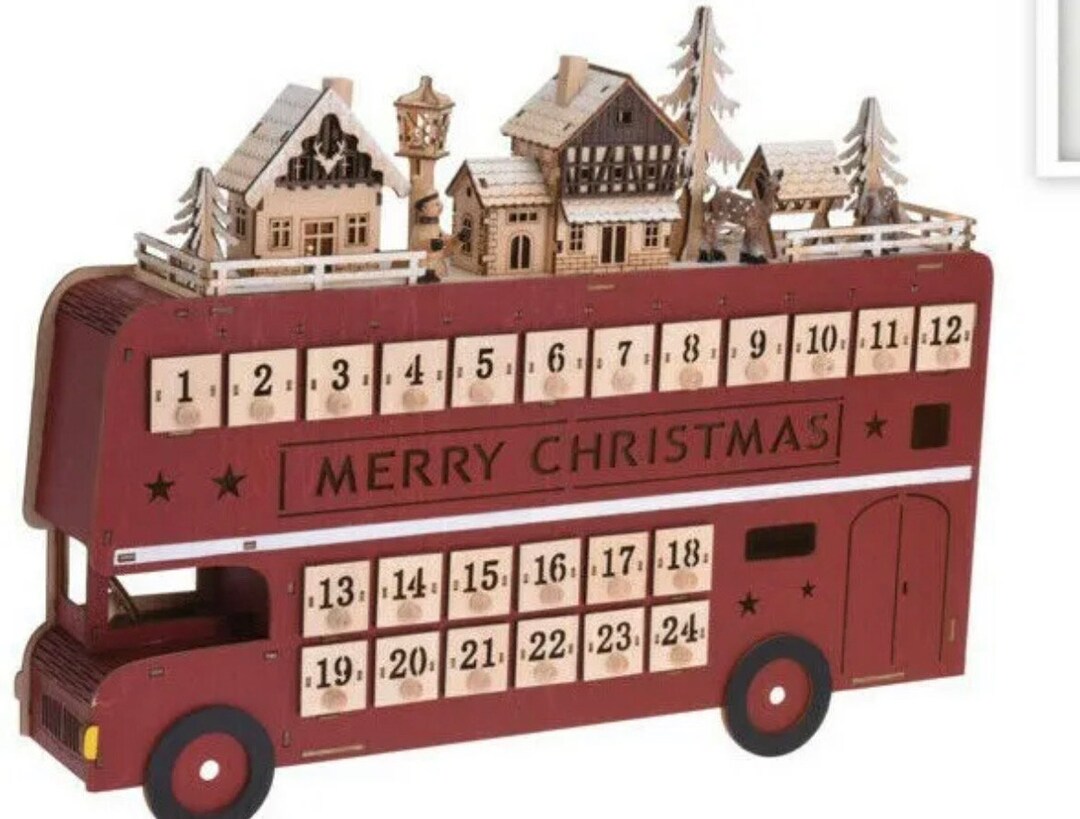 Christmas Wooden Light up Advent Calendar, Festive Bus, Adult and