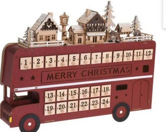 Christmas wooden light up advent calendar, Festive Bus, adult and children, countdown, December 1st, traditional, white, red, wood keepsake