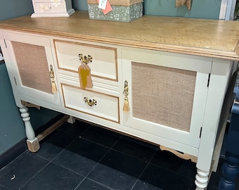 SOLD Sideboard/storage cupboard, hand painted, fusion complain, neutral decor with exposed wood detailing and gold accent handles