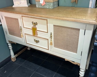 SOLD Sideboard/storage cupboard, hand painted, fusion complain, neutral decor with exposed wood detailing and gold accent handles