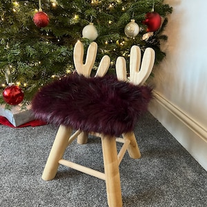 Child’s Wooden Deer Chair With Purple Faux Fur Seat, Fur Seat, Deer Antlers, Christmas Gift, Woodland Theme, Eco Friedly, Reindeer Chair