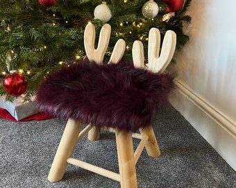 Child’s Wooden Deer Chair With Purple Faux Fur Seat, Fur Seat, Deer Antlers, Christmas Gift, Woodland Theme, Eco Friedly, Reindeer Chair