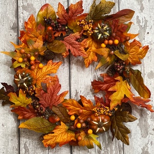 Fall, Autumn, artificil wreath decoration, rattan, wall or door hung, berry, pumpkin maple leaf design, large garland ornament, thanksgiving image 1