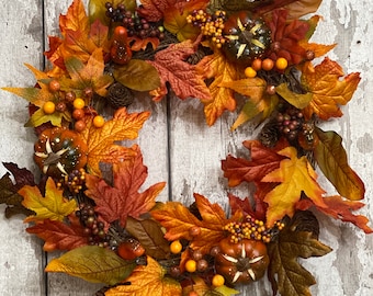 Fall, Autumn, artificil wreath decoration, rattan, wall or door hung, berry, pumpkin maple leaf design, large garland ornament, thanksgiving