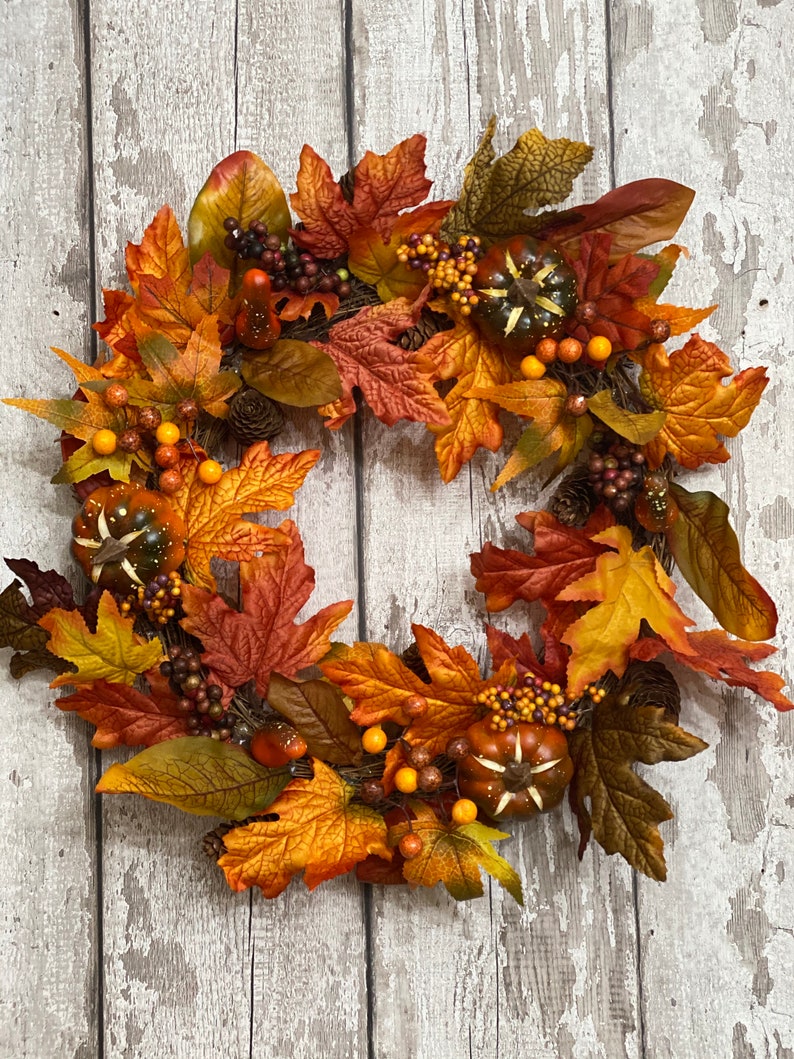 Fall, Autumn, artificil wreath decoration, rattan, wall or door hung, berry, pumpkin maple leaf design, large garland ornament, thanksgiving image 1