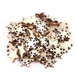 May include: A pile of small, wooden Christmas ornaments in various shapes, including snowflakes, stars, and Christmas trees. The ornaments are light-colored with darker brown edges, creating a contrast. Ideal for holiday crafts and decorations.
