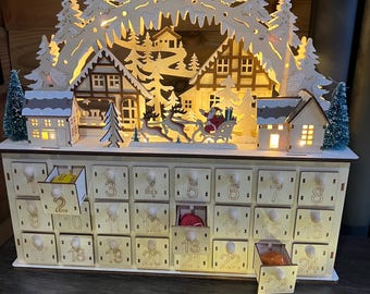 LED-Weihnachts-Adventskalender aus Holz, aufleuchtend, Erwachsene und Kinder, Countdown 1.Dezember, Rentier-Weihnachtsschlitten, weißes Holzandenken 003