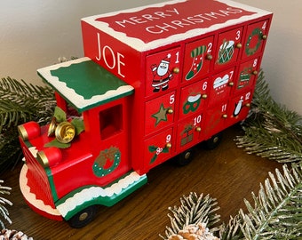 Personalised Christmas wooden advent calendar bus, truck, adult and children, countdown December 1st, santas bus, keepsake, glitter, snow