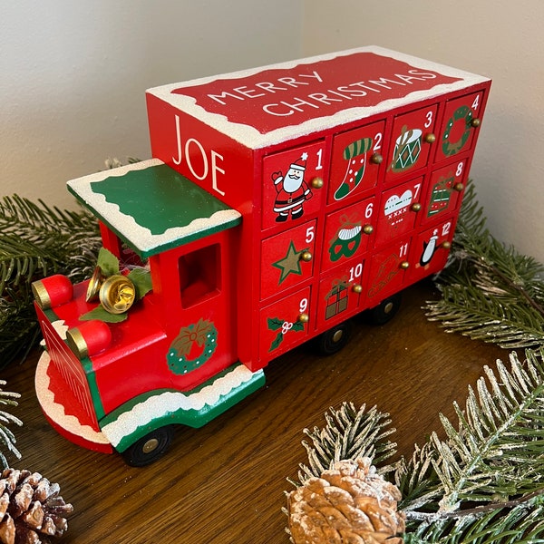 Calendrier de l'avent en bois de Noël personnalisé bus, camion, adulte et enfant, compte à rebours 1er décembre, bus du père Noël, souvenir, paillettes, neige