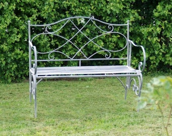 Grey tone Vintage Metal Bench, Love Seat, Garden Furniture, patio bench, French style, farmhouse, rustic