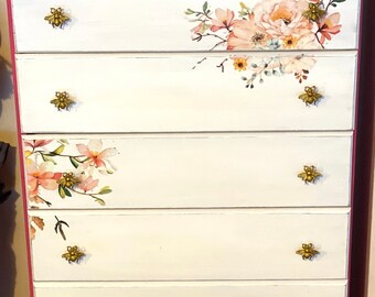 SOLD Chest of drawers, set of 7, tall, painted pink and white, floral design, bee knobs/ hardware, storage, bedroom furniture, girls bedroom