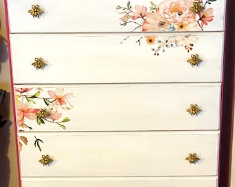 SOLD Chest of drawers, set of 7, tall, painted pink and white, floral design, bee knobs/ hardware, storage, bedroom furniture, girls bedroom