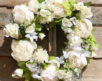 White Door Wreath, Spring theme, Round, For The Front Door, Wedding, Home, Decoration, Artificial Flower, Wreath Peony, 40cm, Christmas gift