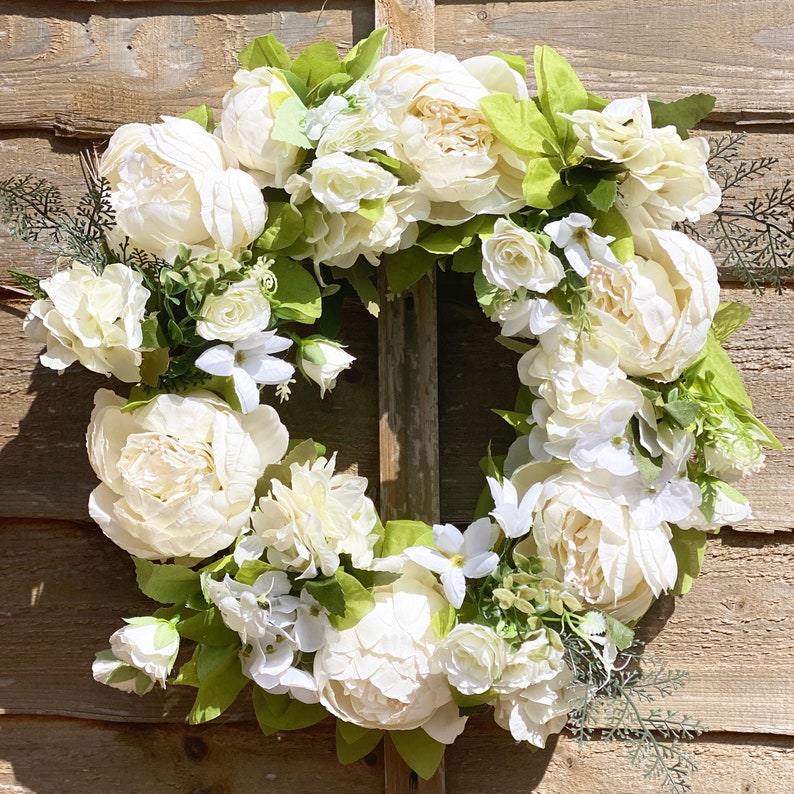 White Door Wreath, Spring theme, Round, For The Front Door, Wedding, Home, Decoration, Artificial Flower, Wreath Peony, 40cm, Christmas gift image 1