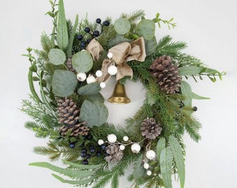 Green Pinecone & Berry Artificial Wreath 50x50cm, Christmas decoration, Pinecone, wall or door hung, woodland, Frosted, white berries (TK03)