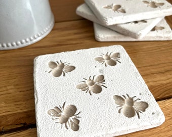 Bumble Bee Imprint White Coasters, Wildlife, Honey Bee, Country Cottage, Valentines Day Gift, Mothers Day Gift, New Home, Set of 4