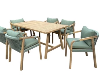 2025 Outdoor 6-Seat Dining Set – Wooden Table & Green Cushioned Chairs | Garden Furniture | Patio Dining Set | Summer Outdoor Living