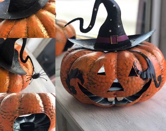 Spooky pumpkin metal Halloween lantern, tea light holder, indoor or outdoor decoration, candle, spider, witch, fall, door, entryway