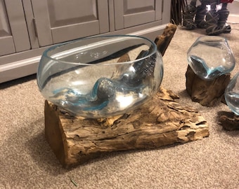 Extra Large Molten Glass on Natural Wood, Unique, One of a kind, fruit bowl, table center piece
