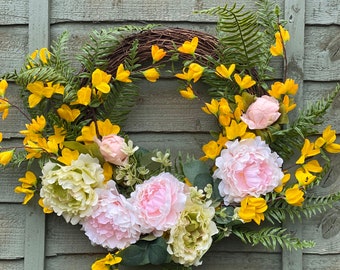 Country Bloom Door Wreath, Fern & Wildflowers, Spring theme, Round, For The Front Door, Wedding, Decoration, Artificial Flower, large