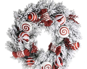 Christmas snowy candy cane artificial wreath decoration, wall or door hung, grinch whoville design, large garland ornament, thanksgiving