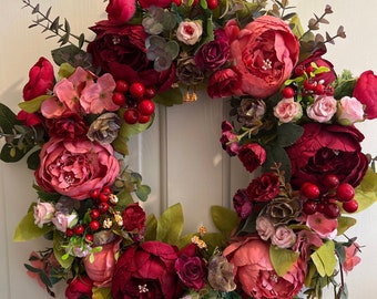 Couronne de porte, ronde, pour la porte d'entrée, mariage, maison, décoration, fleur artificielle, couronne de pivoine, 40 cm, affichage, Pâques, cadeau de Noël