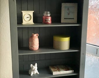 SOLD contact for custom orders: Shabby Chic Distressed Solid Hard Wood Bookcase, Winter Grey, Large, Tall, 2 draws for storage.