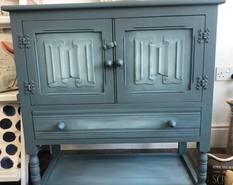 SOLD Solid oak hardwood sideboard, cupboard, storage, living room, dining room. Hand painted Stormy Seas, with highlights, Dixie belle paint
