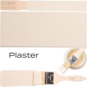 May include: A sample paint chip of Fusion Mineral Paint in the color Plaster. The chip is a light beige color. The paint is shown in a small jar with a brush.