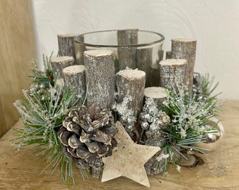 Christmas Candle Holder, Traditional Green & silver Pinecone T-Light Holder, Wooden Log Display, Woodland Center Piece Table Decoration