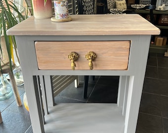 SOLD solid oak side table, end table, with storage draw. Hand painted grey, with white washed top, gold handles, hall, bedside, display