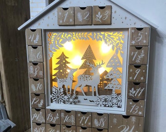 LED Christmas wooden advent house, woodland scene white, reindeer, adult / children alike, countdown to Christmas, December 1st,