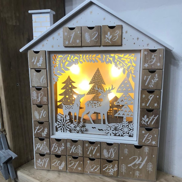 LED Christmas wooden advent house, woodland scene white, reindeer, adult / children alike, countdown to Christmas, December 1st,