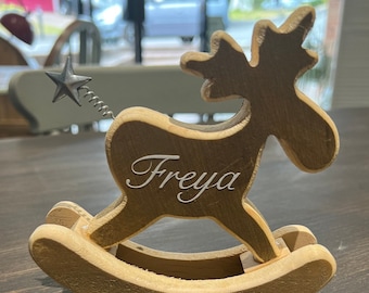 Christmas, Wooden Reindeer, Rocking Horse Decoration, can be personalised with a name or initial