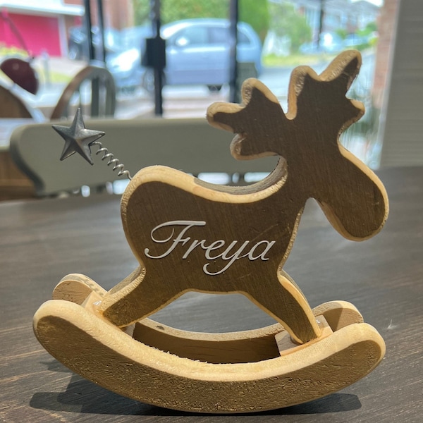 Christmas, Wooden Reindeer, Rocking Horse Decoration, can be personalised with a name or initial