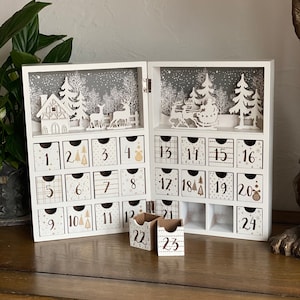 Christmas wooden advent calendar book, adult and children alike, countdown, December 1st, reindeer, santas sleigh, white and wood keepsake image 5