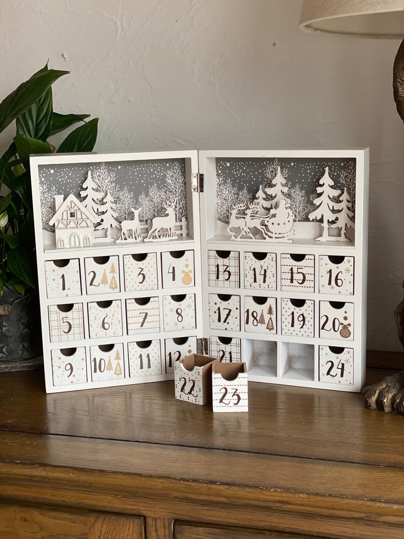 Christmas wooden advent calendar book, adult and children alike, countdown, December 1st, reindeer, santas sleigh, white and wood keepsake image 5