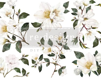 White Magnolia Furniture Decor Transfer Floral, script words, 12" x 6" Dixie Belle Re-Design with Prima, Chalk Mineral Paint