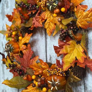 Fall, Autumn, artificil wreath decoration, rattan, wall or door hung, berry, pumpkin maple leaf design, large garland ornament, thanksgiving image 2