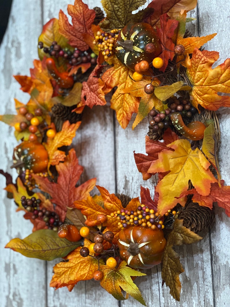 Fall, Autumn, artificil wreath decoration, rattan, wall or door hung, berry, pumpkin maple leaf design, large garland ornament, thanksgiving image 2