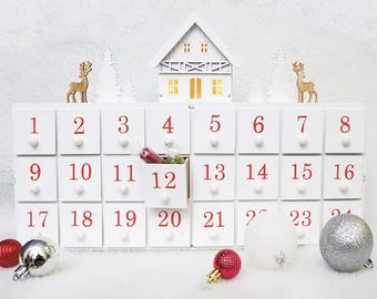 LED Christmas wooden advent house, woodland scene white, reindeer, adult / children alike, countdown to Christmas, December 1st, treats